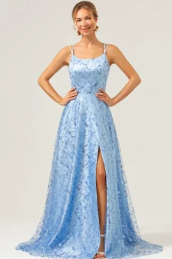 Azul Brilhante Uma Linha Esparguete Correias Sequins Renda Up Back Prom Dress com Fenda