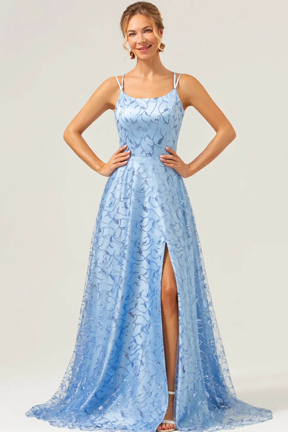 Azul Brilhante Uma Linha Esparguete Correias Sequins Renda Up Back Prom Dress com Fenda
