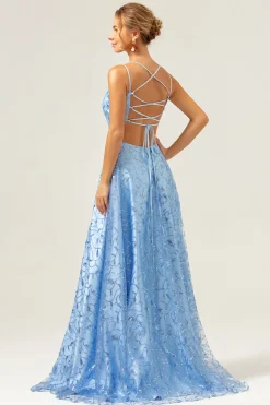 Azul Brilhante Uma Linha Esparguete Correias Sequins Renda Up Back Prom Dress com Fenda