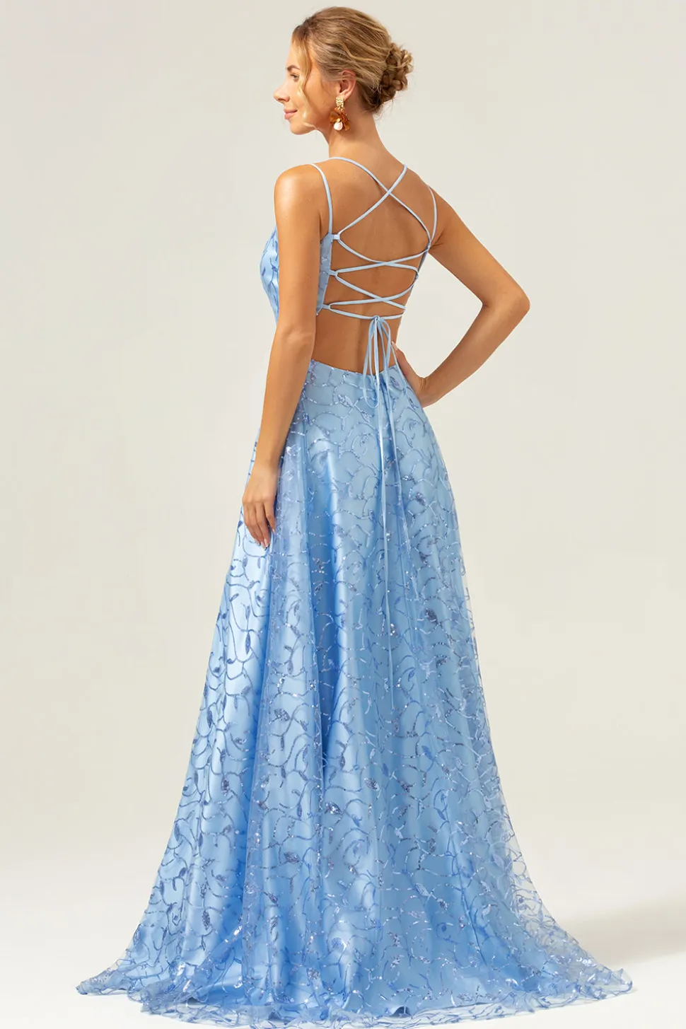 Azul Brilhante Uma Linha Esparguete Correias Sequins Renda Up Back Prom Dress com Fenda