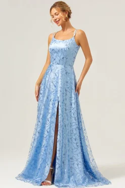 Azul Brilhante Uma Linha Esparguete Correias Sequins Renda Up Back Prom Dress com Fenda