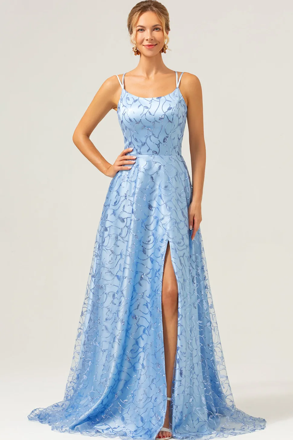 Azul Brilhante Uma Linha Esparguete Correias Sequins Renda Up Back Prom Dress com Fenda