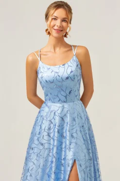 Azul Brilhante Uma Linha Esparguete Correias Sequins Renda Up Back Prom Dress com Fenda