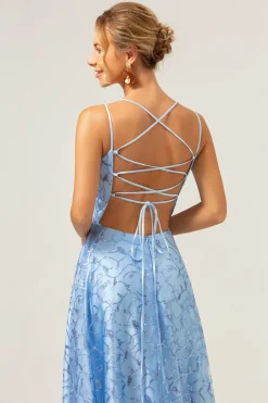 Azul Brilhante Uma Linha Esparguete Correias Sequins Renda Up Back Prom Dress com Fenda