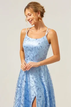 Azul Brilhante Uma Linha Esparguete Correias Sequins Renda Up Back Prom Dress com Fenda