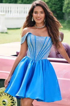 Azul brilhante Uma linha fora do ombro cetim babado Homecoming Dress com frisos