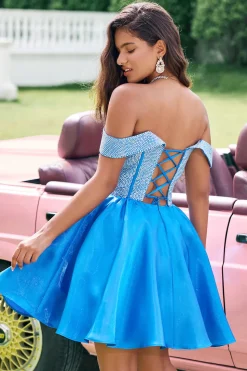 Azul brilhante Uma linha fora do ombro cetim babado Homecoming Dress com frisos