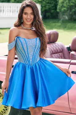 Azul brilhante Uma linha fora do ombro cetim babado Homecoming Dress com frisos