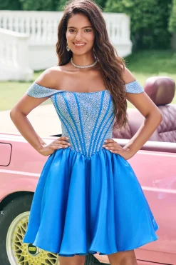 Azul brilhante Uma linha fora do ombro cetim babado Homecoming Dress com frisos