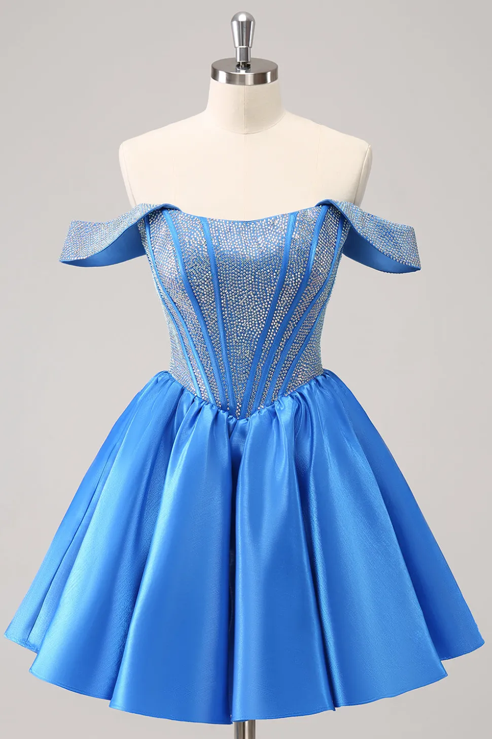 Azul brilhante Uma linha fora do ombro cetim babado Homecoming Dress com frisos