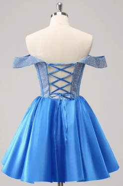 Azul brilhante Uma linha fora do ombro cetim babado Homecoming Dress com frisos