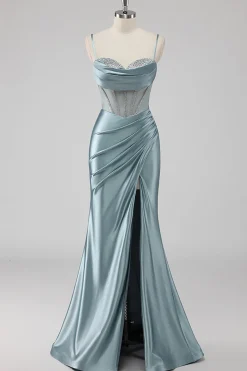 Azul Cinzento Alças Finas Espartilho Longo Vestido De Baile com Fenda