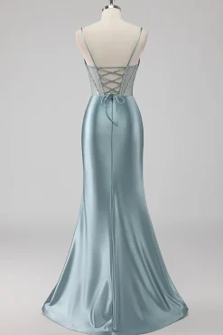 Azul Cinzento Alças Finas Espartilho Longo Vestido De Baile com Fenda