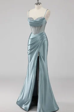 Azul Cinzento Alças Finas Espartilho Longo Vestido De Baile com Fenda
