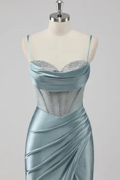 Azul Cinzento Alças Finas Espartilho Longo Vestido De Baile com Fenda