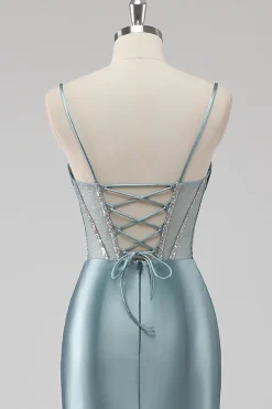 Azul Cinzento Alças Finas Espartilho Longo Vestido De Baile com Fenda