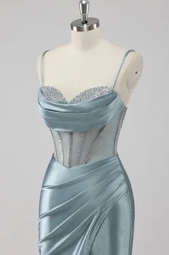 Azul Cinzento Alças Finas Espartilho Longo Vestido De Baile com Fenda