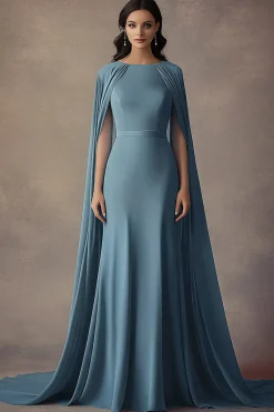 Azul Cinzento Chiffon Pescoço de Barco Longo Vestidos Cerimónia