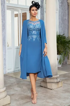 Azul Cinzento Duas Peças Mãe do Vestido de Noiva com Renda