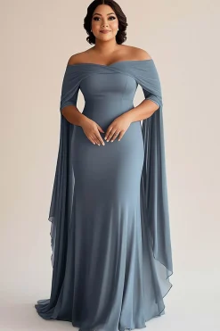 Azul Cinzento Fora do Ombro Chiffon Tamanhos Grandes Longo Vestido Mae Noiva