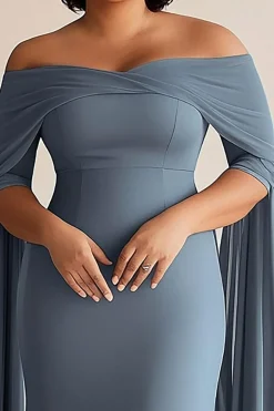 Azul Cinzento Fora do Ombro Chiffon Tamanhos Grandes Longo Vestido Mae Noiva