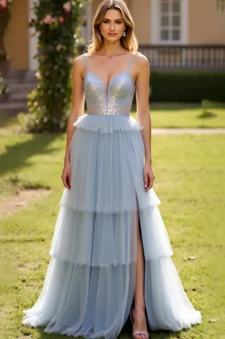 Azul Cinzento Lantejoulas Tule Linha-A Longo Vestido de Baile com Fenda