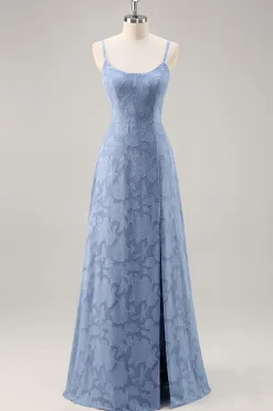 Azul Cinzento Linha-A Longos Vestido Para Casamento Convidada com Fenda