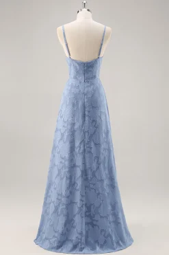 Azul Cinzento Linha-A Longos Vestido Para Casamento Convidada com Fenda