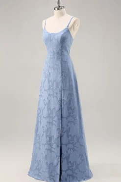 Azul Cinzento Linha-A Longos Vestido Para Casamento Convidada com Fenda