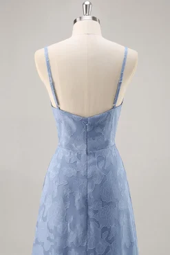 Azul Cinzento Linha-A Longos Vestido Para Casamento Convidada com Fenda