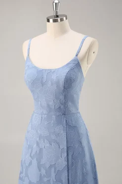 Azul Cinzento Linha-A Longos Vestido Para Casamento Convidada com Fenda