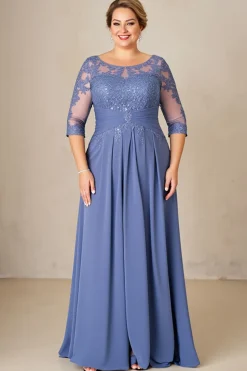 Azul Cinzento Linha-A Tamanhos Grandes Longos Vestido Mae Noiva com Renda