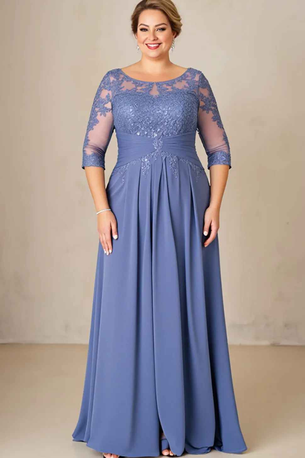 Azul Cinzento Linha-A Tamanhos Grandes Longos Vestido Mae Noiva com Renda