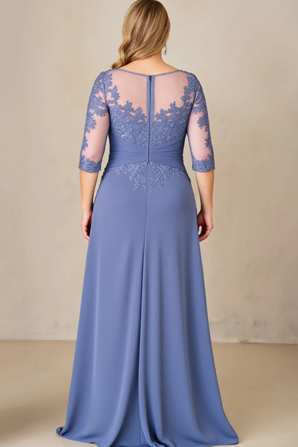 Azul Cinzento Linha-A Tamanhos Grandes Longos Vestido Mae Noiva com Renda