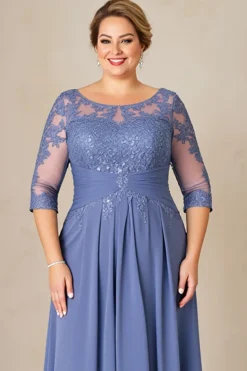 Azul Cinzento Linha-A Tamanhos Grandes Longos Vestido Mae Noiva com Renda