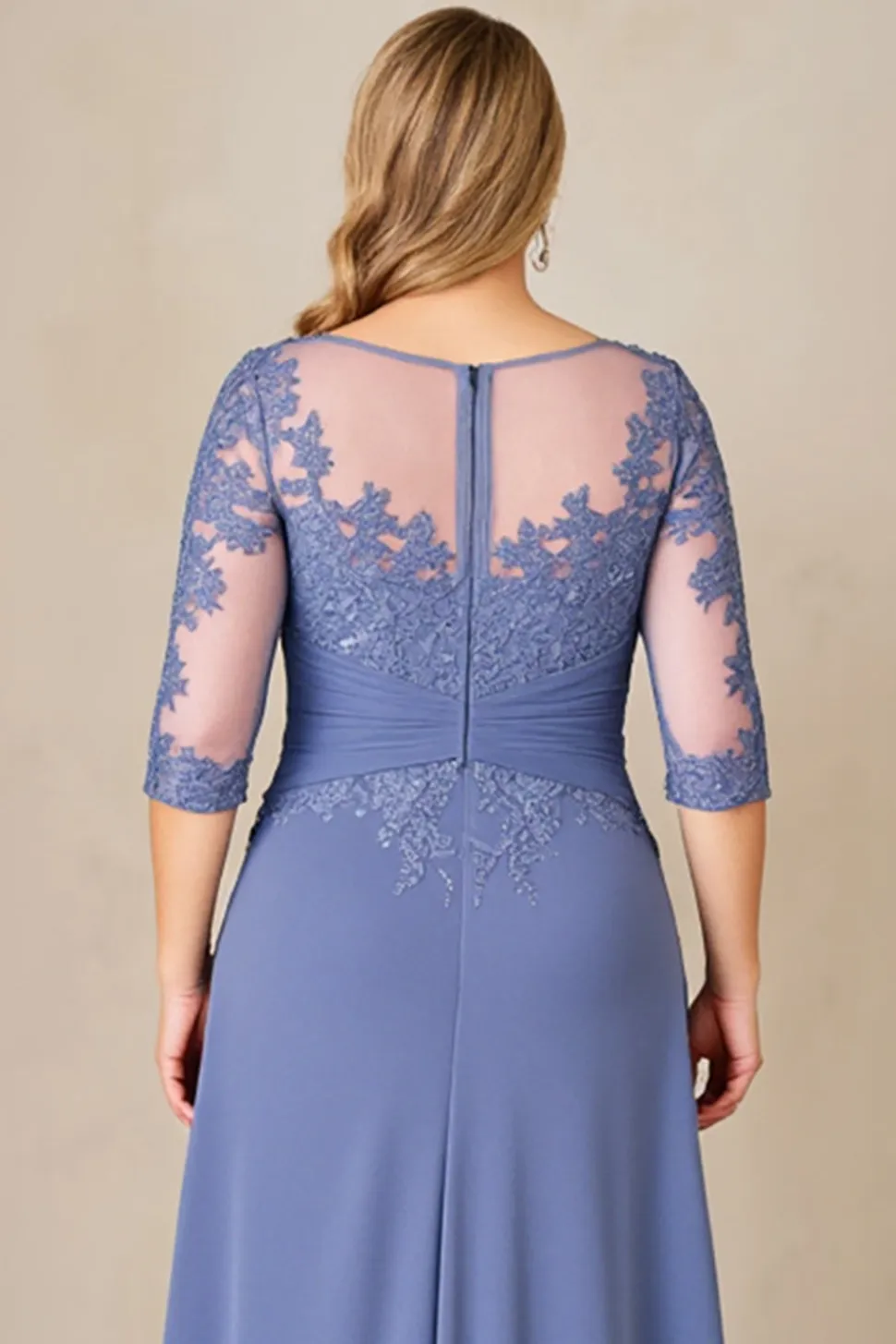 Azul Cinzento Linha-A Tamanhos Grandes Longos Vestido Mae Noiva com Renda