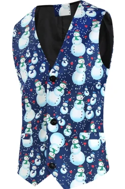 Azul claro 3 peças boneco de neve estampado homens ternos de festa de Natal