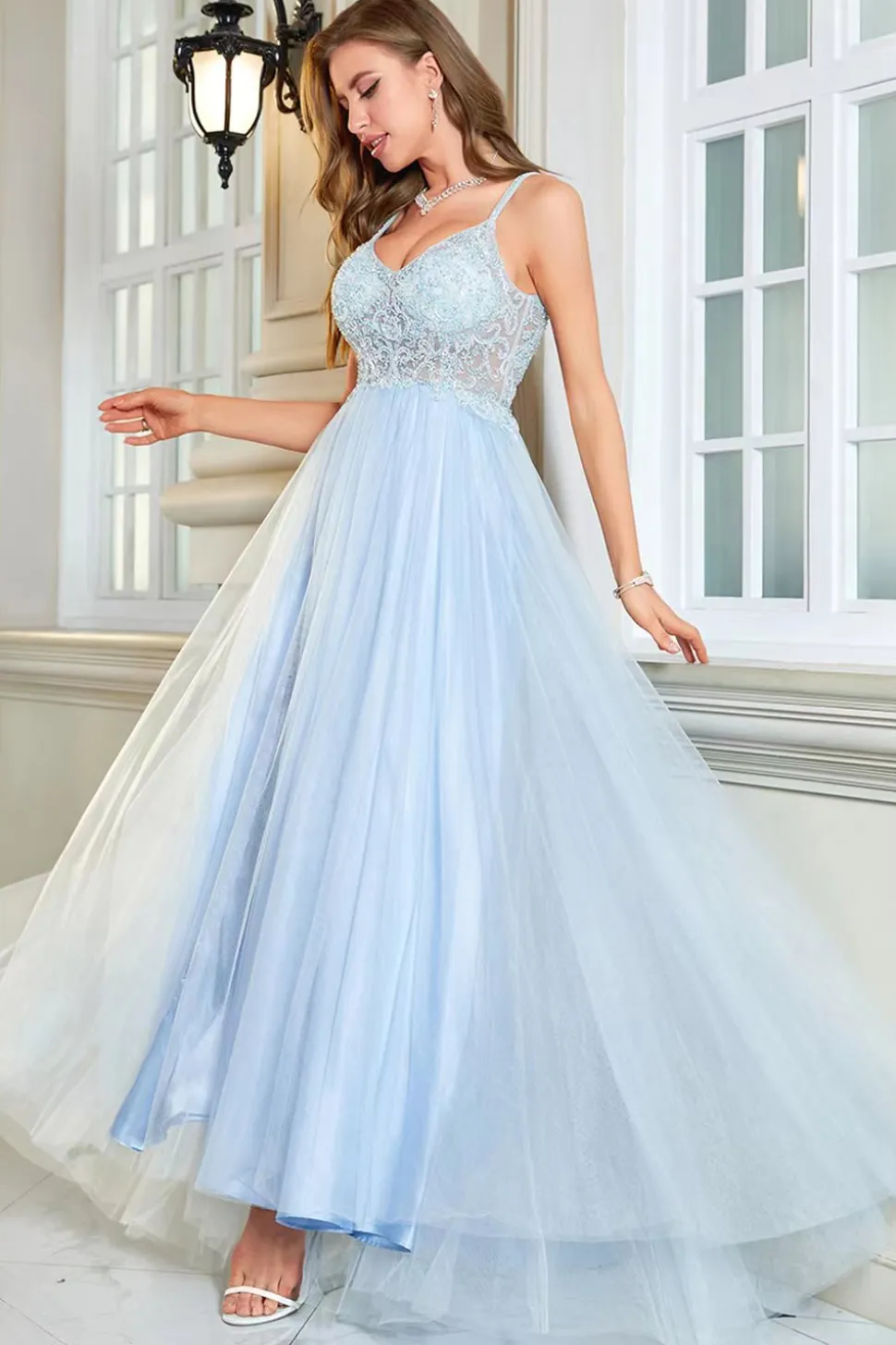 Azul claro A-Line Corset Long Backless Prom Dress