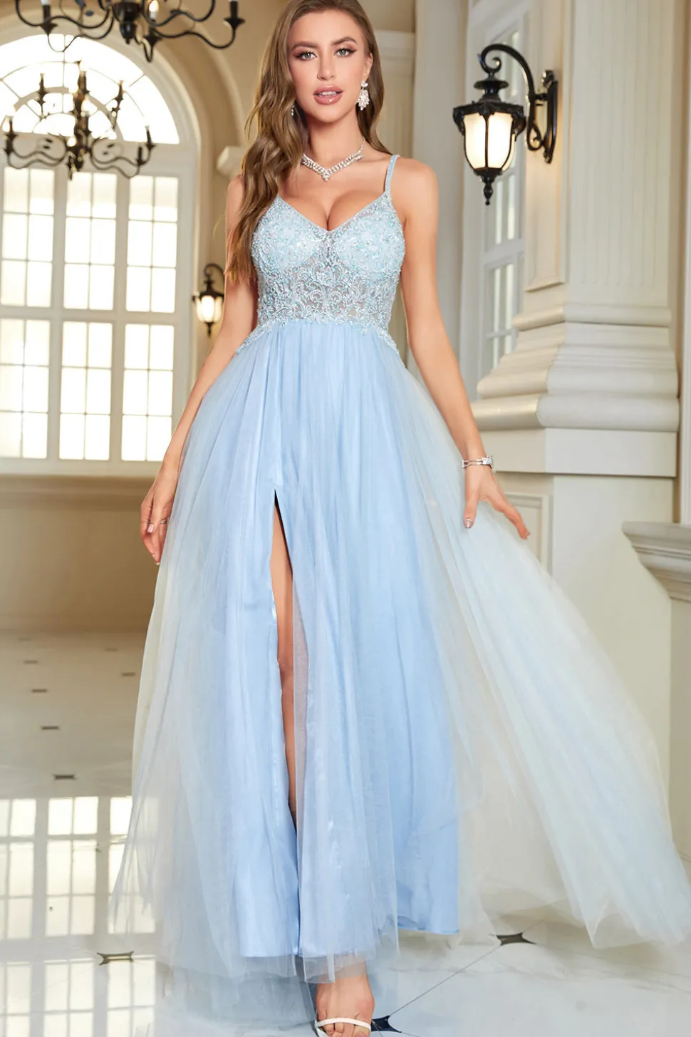 Azul claro A-Line Corset Long Backless Prom Dress