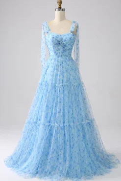 Azul Claro A-Line Espaghetti Correias Vestido Longo Baile de Formatura