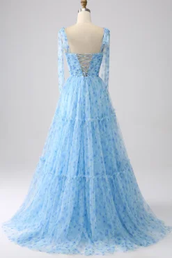 Azul Claro A-Line Espaghetti Correias Vestido Longo Baile de Formatura