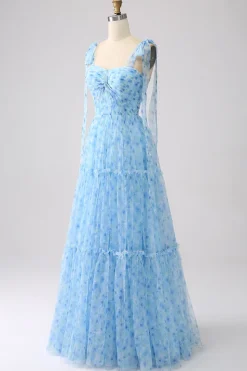 Azul Claro A-Line Espaghetti Correias Vestido Longo Baile de Formatura