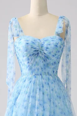Azul Claro A-Line Espaghetti Correias Vestido Longo Baile de Formatura