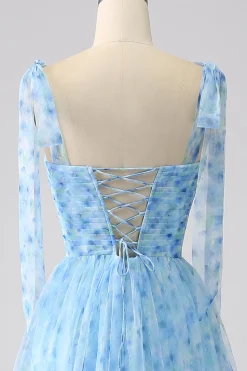 Azul Claro A-Line Espaghetti Correias Vestido Longo Baile de Formatura