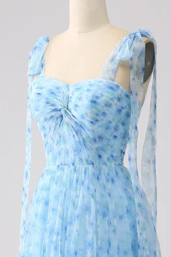 Azul Claro A-Line Espaghetti Correias Vestido Longo Baile de Formatura