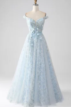 Azul claro A-Line fora do ombro longo espartilho vestido de baile