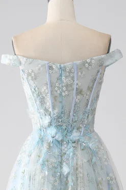 Azul claro A-Line fora do ombro longo espartilho vestido de baile
