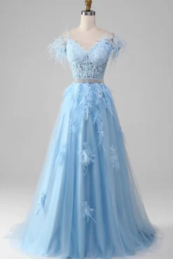 Azul claro A-Line Rhinestones Accents Corset Prom Dress Com Apliques