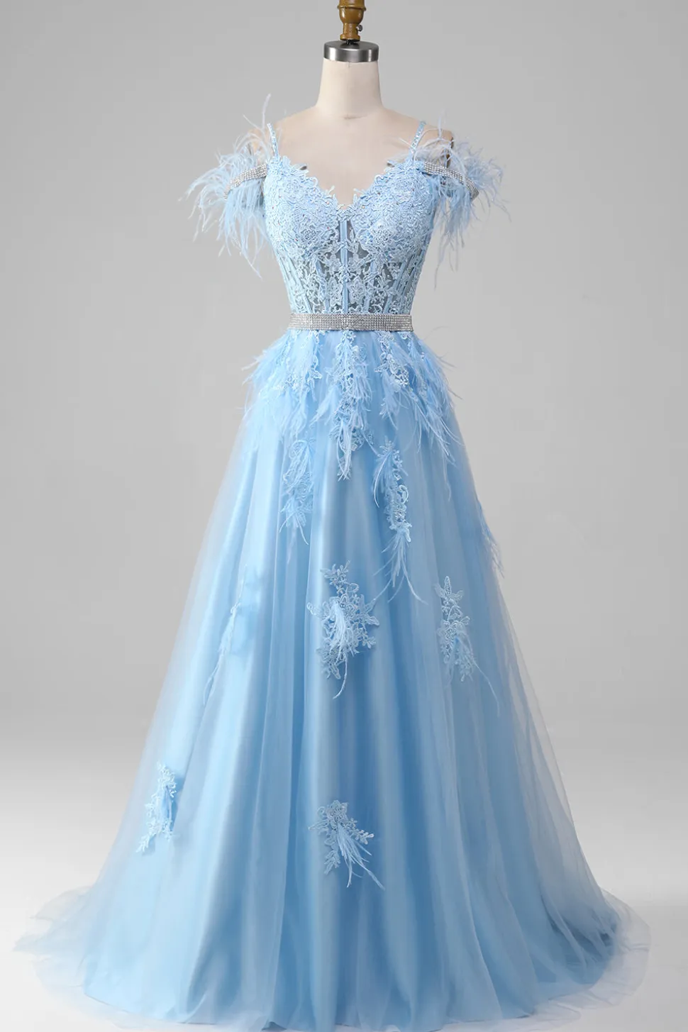 Azul claro A-Line Rhinestones Accents Corset Prom Dress Com Apliques