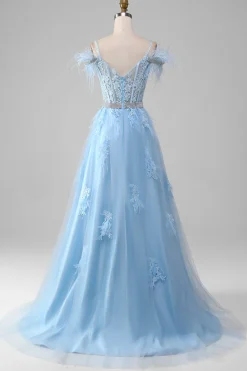 Azul claro A-Line Rhinestones Accents Corset Prom Dress Com Apliques